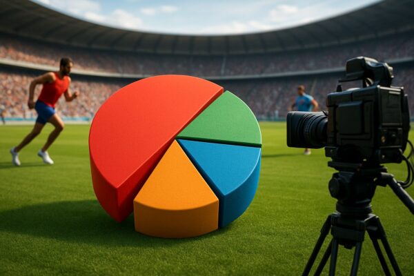 Colorful pie chart on a sports field with a camera capturing athletes in the background