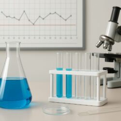 Laboratory equipment with blue liquids in flasks and microscope, symbolizing scientific standards