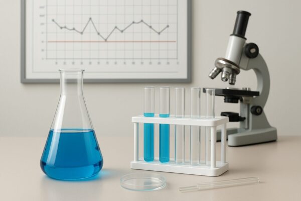 Laboratory equipment with blue liquids in flasks and microscope, symbolizing scientific standards