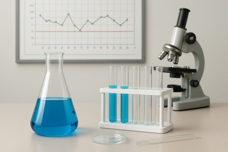 Laboratory equipment with blue liquids in flasks and microscope, symbolizing scientific standards