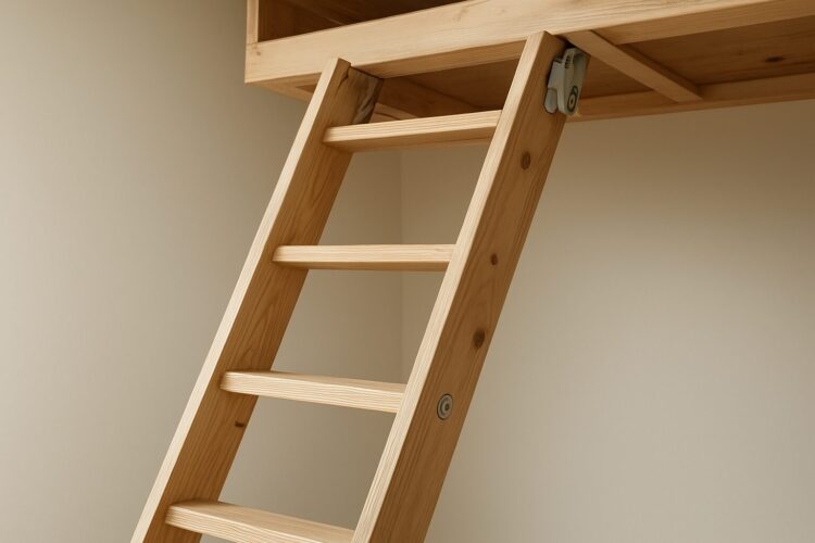 Close-up of a wooden loft ladder leading to an attic space.